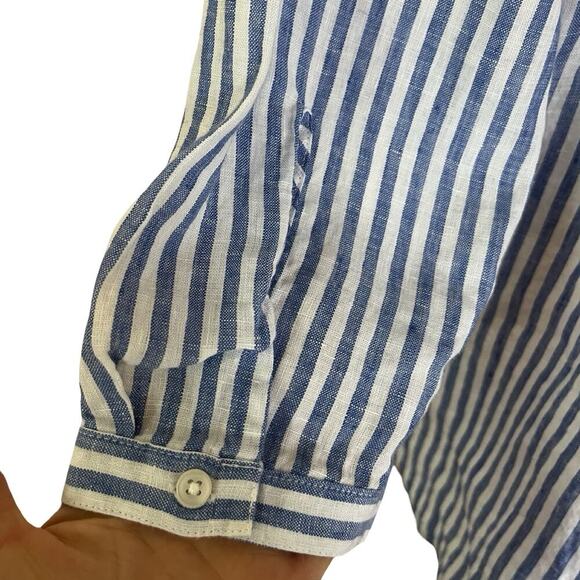 LL Bean 100% Linen Striped V Neck Pullover Tunic Top Size LP Blue Nautical NWT - Picture 4 of 7
